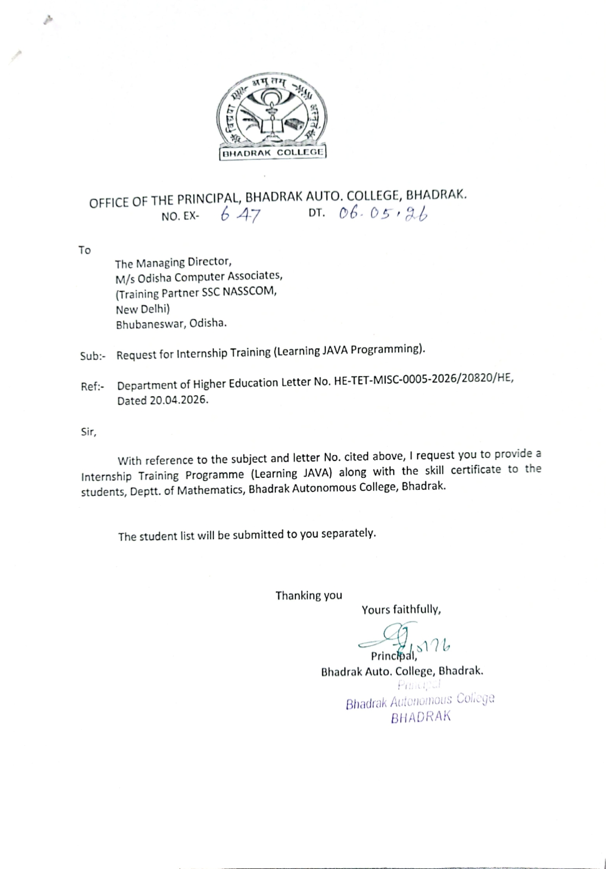 Bhadrak Autonomous College internship training request