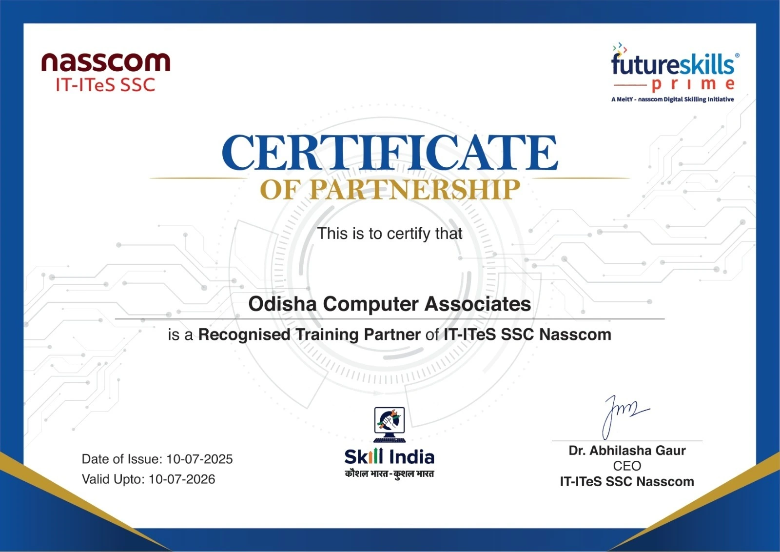 NASSCOM IT-ITeS SSC Certificate of Partnership