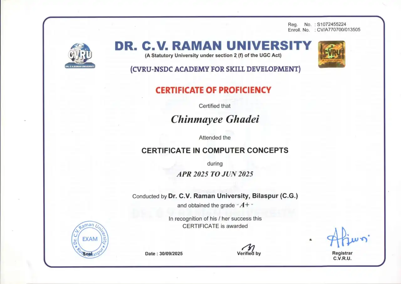 Dr. C. V. Raman University certificate of proficiency in computer concepts