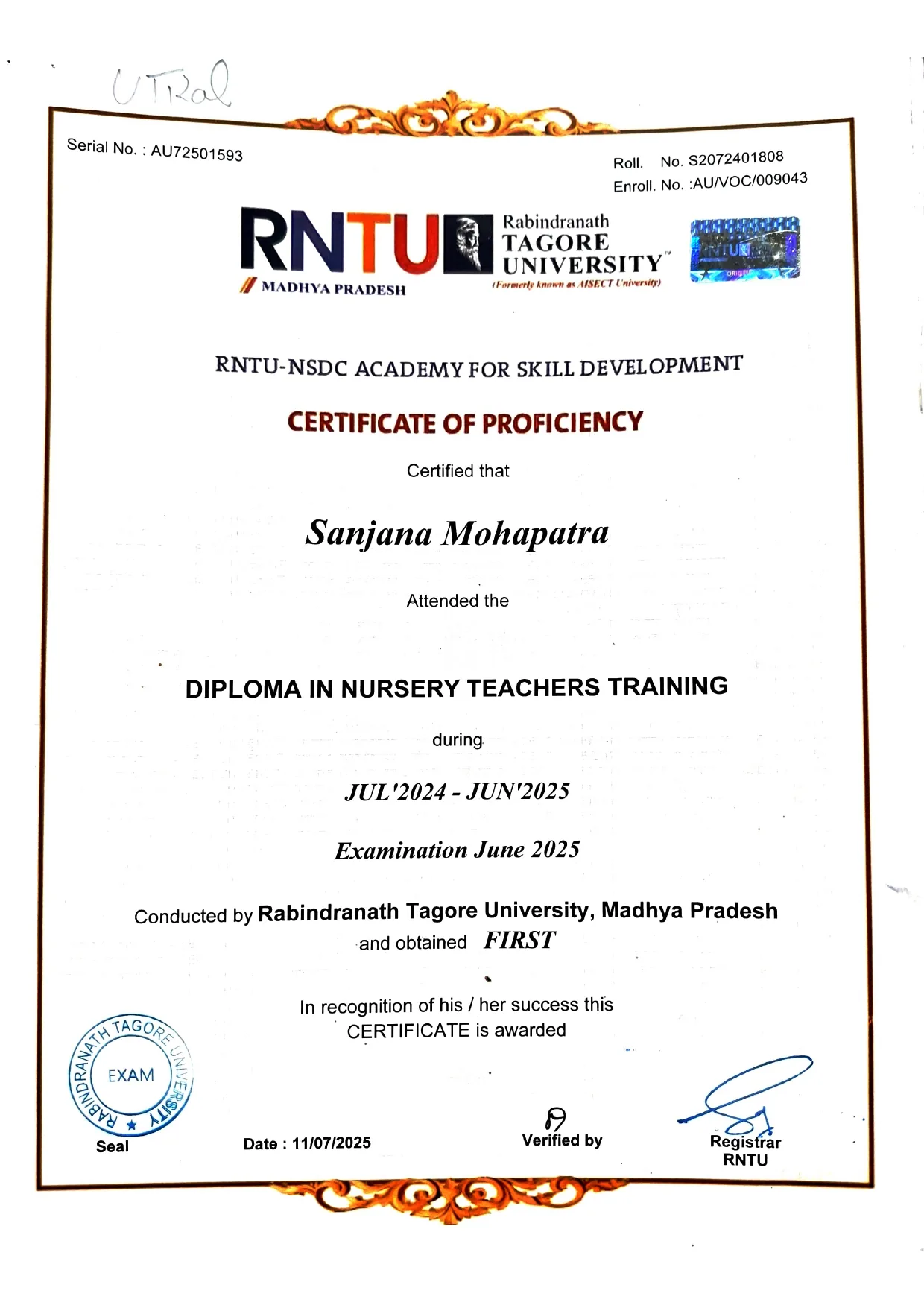 Diploma in Nursery Teachers Training Semester I statement of marks